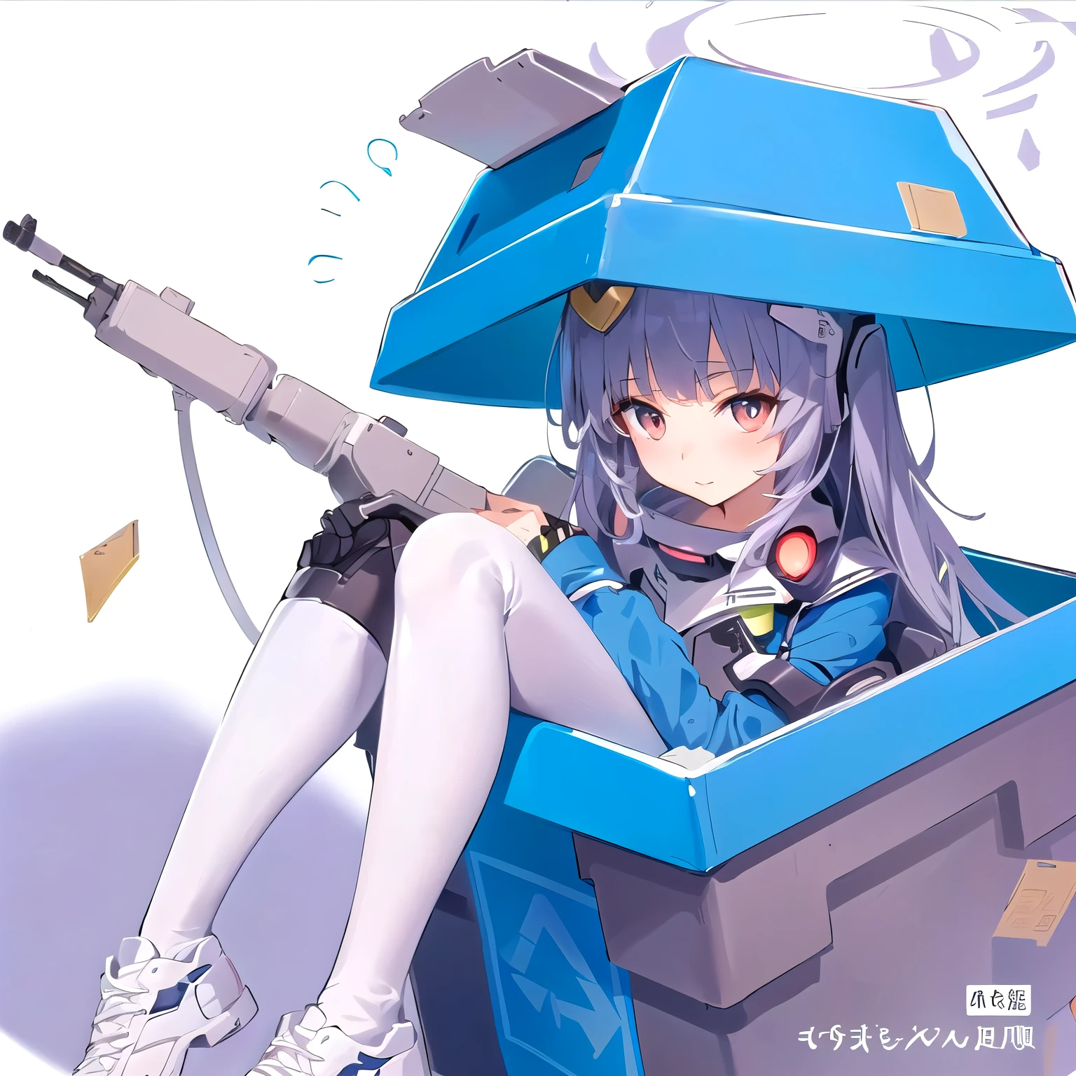 anime girl sitting in a box with a gun in her hand, Fleet Collection Style, Electromagnetic cannon, (anime girl), Anime cute art style, by Shitao, Gu Weiss, official art works, Zerochan art, a-1 image, Use your index finger, cute anime girl, Complete!! girl, Anime comics!! anime girl