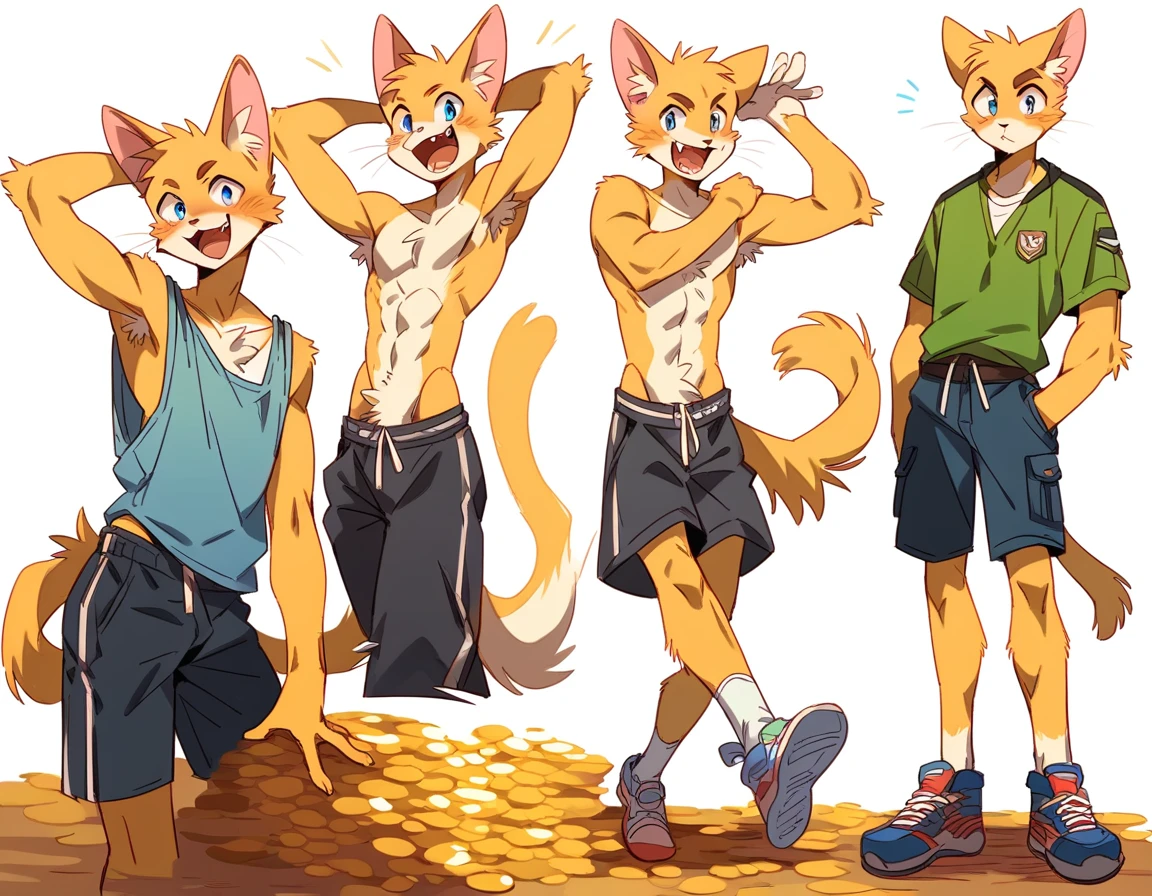 score_9, score_8_up, score_7_up, male, furry, full body, high quality, hires, anthro, teenager, , domestic cat, yellow fur, blue eyes, handsome, excited expression, humanoid feet, slender body, prominent v-line, prominent abs, prominent legs, toned calves, prominent forearms, prominent knees, white background, treasure trail, armpit hair, shaggy legs, in various poses