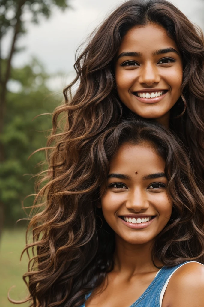 Brown woman with wavy hair and brown eyes smiling with a tear falling down her cheek