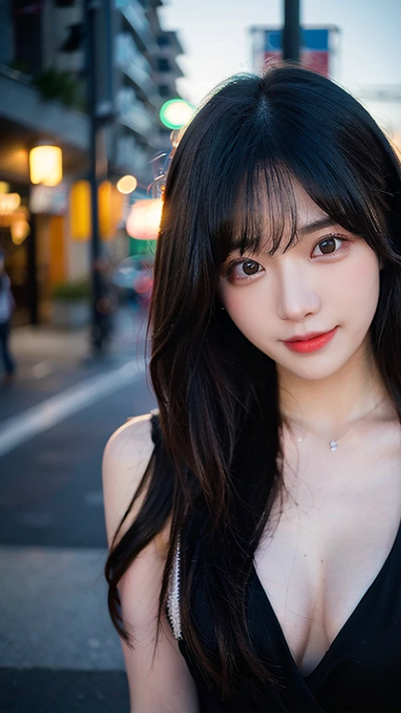 (top-quality,​masterpiece:1.3,超A high resolution,),(Ultra-detail,Caustics),(Photorealsitic:1.4,RAW shooting,)Ultra-realistic capture,A highly detailed,High resolution 16K human skin closeup、 Skin texture is natural、、The skin looks healthy with an even tone、 Use natural light and color,1 girl,japanes,22year old,kawaii,Black Hair、longhair,,smil,,(depth of fields、chromatic abberation、、Wide range of lighting、Natural Shading、)At night,In the neon city,Show the whole body