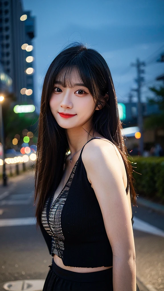 (top-quality,masterpiece:1.3,超A high resolution,),(Ultra-detail,Caustics),(Photorealsitic:1.4,RAW shooting,)Ultra-realistic capture,A highly detailed,High resolution 16K human skin closeup、 Skin texture is natural、、The skin looks healthy with an even tone、 Use natural light and color,1 girl,japanes,22year old,kawaii,Black Hair、longhair,,smil,,(depth of fields、chromatic abberation、、Wide range of lighting、Natural Shading、)At night,In the neon city,Show the whole body
