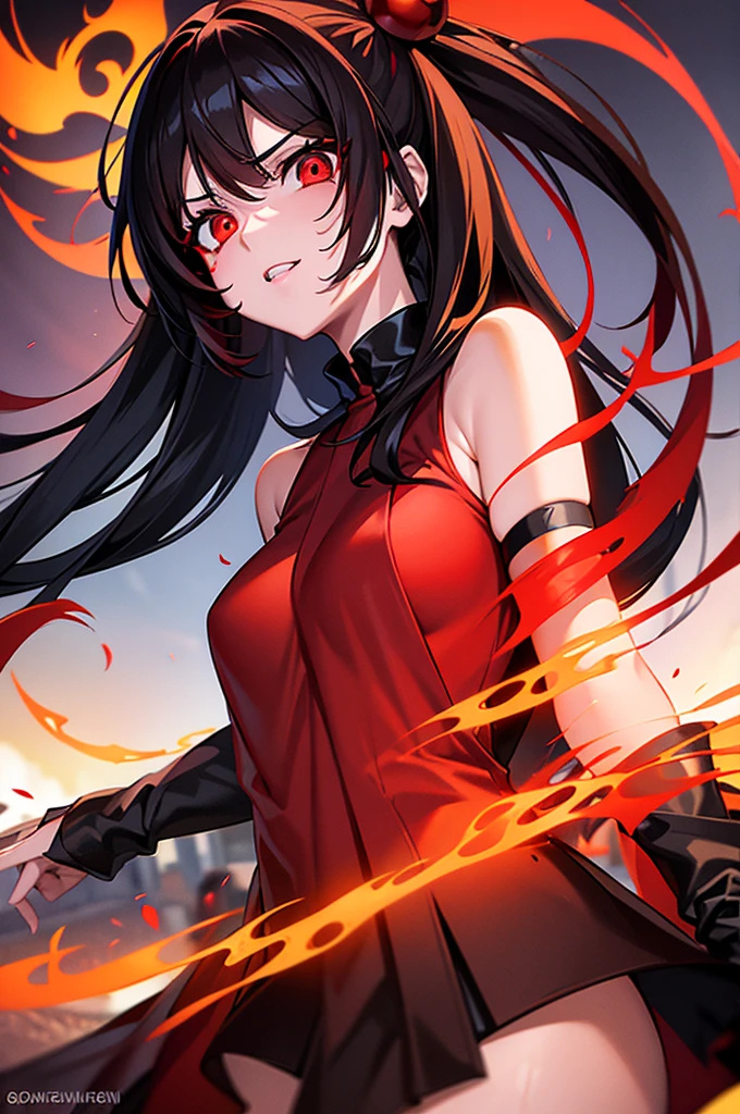 anime girl with red eyes and black hair in a city, with red glowing eyes, with glowing red eyes, detailed digital anime art, red eyes glowing, glowing red eyes, red glowing eyes, intense watery glowing red eyes, fully red eyes, luminous red eyes, body surrounded by raging scorching bright red flames