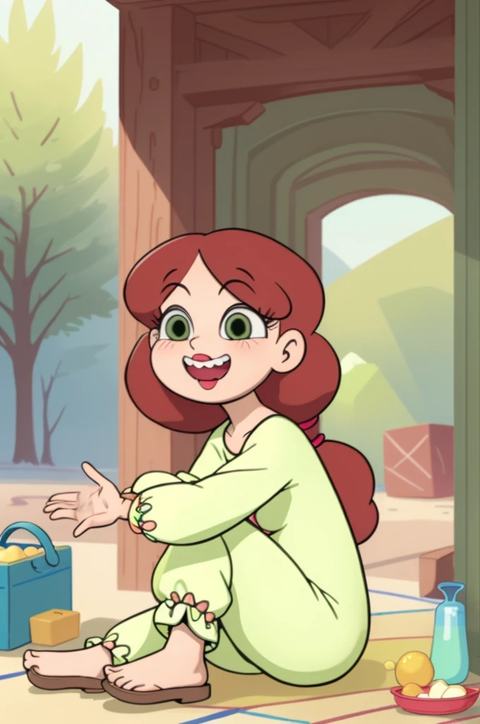 (masterpiece, best quality, high resolution:1.4), full body, 1girl, marcos mom, green eyes, green outfit, outdoors, sitting on a picnic,  (smile, happy, full-face blush:1) 