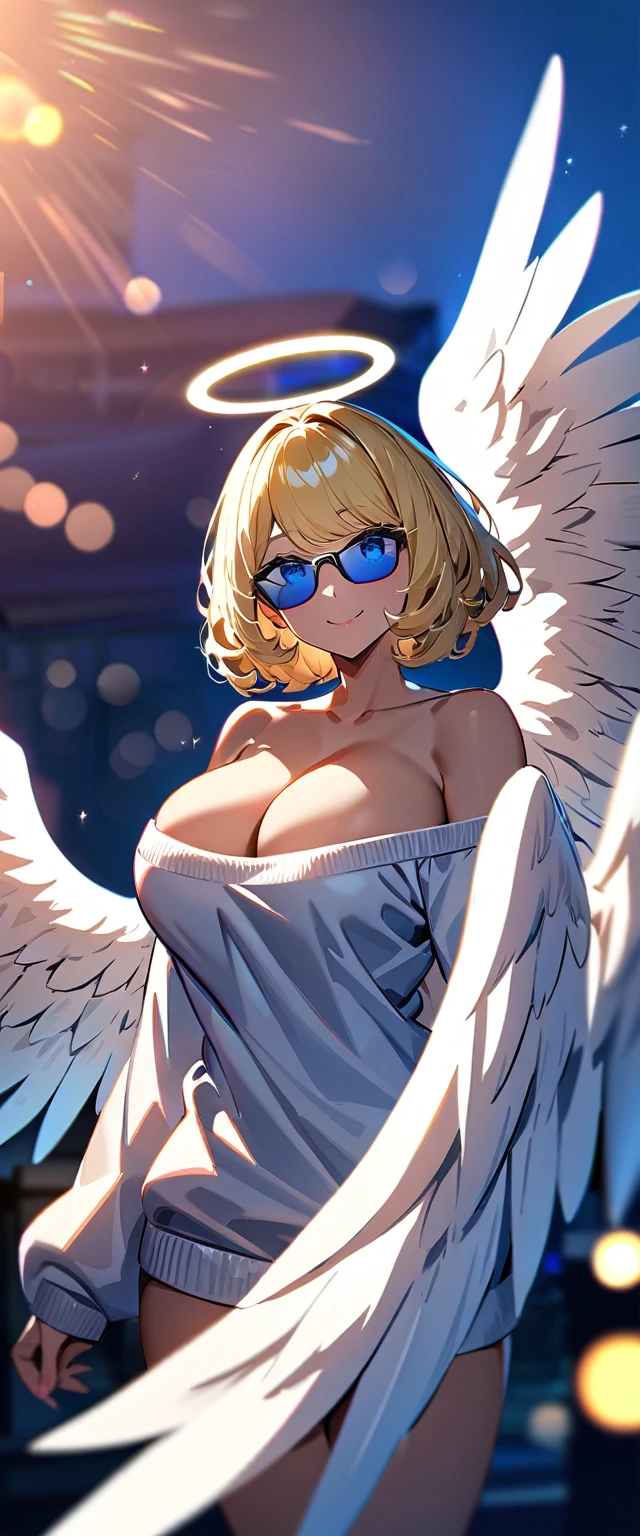 ((angel, big big white wings:1.3, halo:1.3)), ((sky)), (((sunglasses, hand to sunglasses))), (((cowboy shot))), archangel Uriel, ((wavy hair, inward curled hair)), evening, Sunset, ((blond hair, bob cut:1.3)), big breasts, ager, (looking at viewer), oversized clothes, puffy long sleeves, cleavage, ((off-shoulder sweater:1.3, Quite thick shoulder straps)), ((white sweater)), collarbone, head tilt:1.3, (((blue eyes))), ((happy smile)), (((anime style))), (best quality, 4K, 8K, highres, masterpiece:1.2, ultra-detailed, ultra-detailed eyes, HDR, uhd, studio lighting, ultra-fine painting, sharp focus, physically-based rendering, extreme detail description, professional, vivid colors, bokeh)