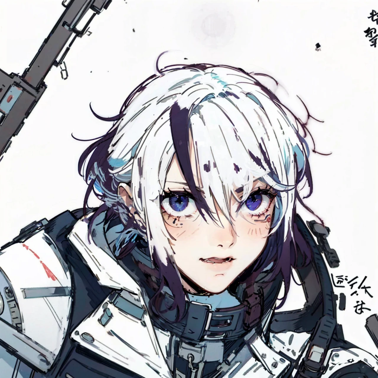 cyberpunk,white chin length hair,hair with magenta tips,red eyes,cyborg eyes,metalic parts,metal arms,strong and muscular,female,anime,mechanicKuroume, bags under eyes, cyberpunk clothing,cyberpunk,red chin length hair,red eyes,cyborg eyes,metalic parts,metal arms,strong and muscular,female,anime,mechanic