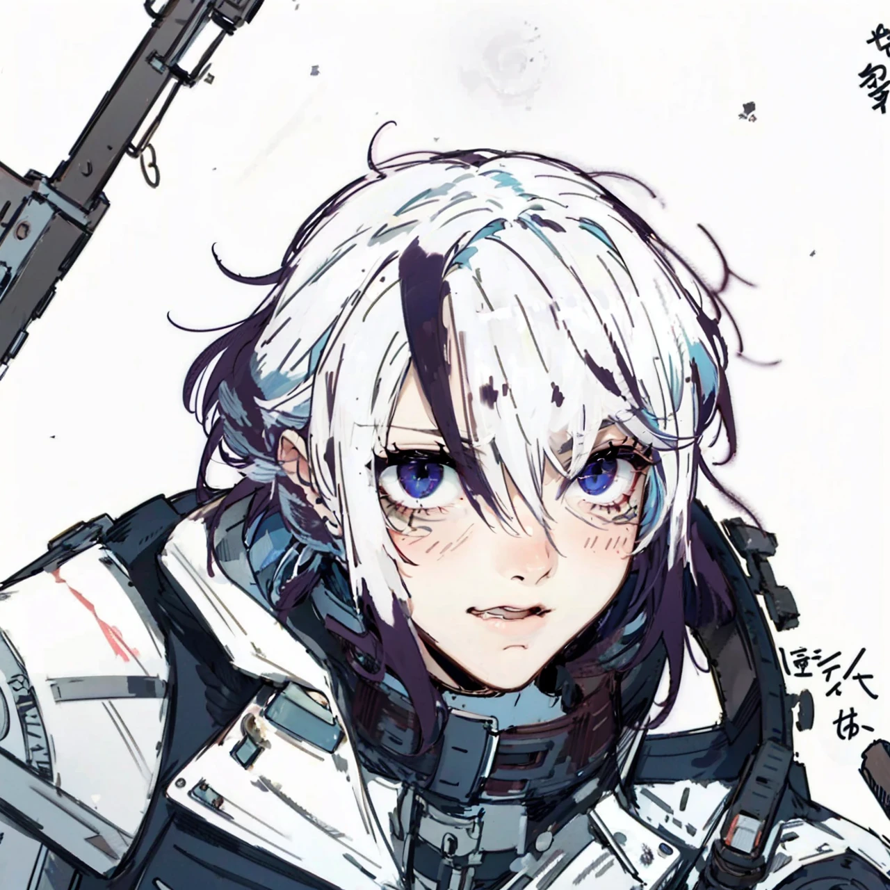 cyberpunk,white chin length hair,hair with magenta tips,red eyes,cyborg eyes,metalic parts,metal arms,strong and muscular,female,anime,mechanicKuroume, bags under eyes, cyberpunk clothing,cyberpunk,red chin length hair,red eyes,cyborg eyes,metalic parts,metal arms,strong and muscular,female,anime,mechanic 