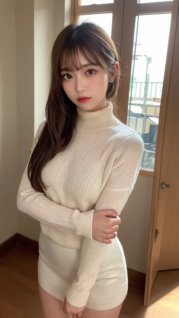 (masterpiece:1.5)、(Realistic:1.5)、(Highest quality:1.4、8K、RAW Photos）、
Ultra-high resolution、Professional Lighting、Perfect dynamic composition、Shot indoors、
Film Grain、chromatic aberration、(bokeh:1.1)、
Frank、Sophisticated、charm、surreal、High detail、Golden Ratio、
(1 Girl)、slender girl、Delicate and charming girl、Cute Woman:1.4、
Serious expression、Looking at the audience、Sculpture Pose、
Light brown hair、Shiny Hair、Hairstyle: Ponytail、
Realistic looking skin、
Shut your mouth.、Beautiful Eyes、double eyelid、Thin arms、、
(Wearing a white turtleneck sweater)、Wearing a flared miniskirt