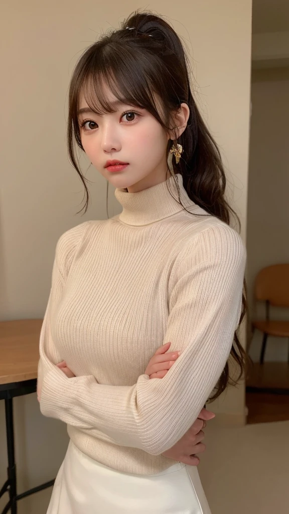 (masterpiece:1.5)、(Realistic:1.5)、(Highest quality:1.4、8K、RAW Photos）、
Ultra-high resolution、Professional Lighting、Perfect dynamic composition、Shot indoors、
Film Grain、chromatic aberration、(bokeh:1.1)、
Frank、Sophisticated、charm、surreal、High detail、Golden Ratio、
(1 Girl)、slender girl、Delicate and charming girl、Cute Woman:1.4、
Serious expression、Looking at the audience、Sculpture Pose、
Light brown hair、Shiny Hair、Hairstyle: Ponytail、
Realistic looking skin、
Shut your mouth.、Beautiful Eyes、double eyelid、Thin arms、、
(Wearing a white turtleneck sweater)、Wearing a flared miniskirt