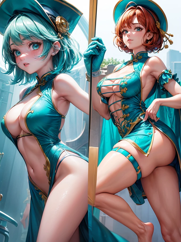 ((masterpiece, highest quality, hyper be familiar with, insanely be familiar with, exquisite, beautiful, 8K)), (more detailed), (sharpen:1.2), (((Bright interior:1.4))), (((face focus))), be familiar with Clothes, ((looking at the viewer)), 1 girl, alone, Mobnurse, bangs, blond hair, (((short hair))), brown eyes, light-blue scrub costume, light-blue scrub cap, (((pokies))), large breasts, garter-belt and stockings, ((autopsy room)),　((highest quality)), ((masterpiece)), ((realistic)) 19 years old, redhead girl, shoulder length hair, relaxed and happy face ((thin)) (Big breasts), ((( Chinese dress turquoise blue short dress))) (((mini skirt))) ((sexy dress)) Odango hairstyle (((detailed character sheet, Front view, Side view, 3/4 view))) (((white background))) 6 and a half whole bodies