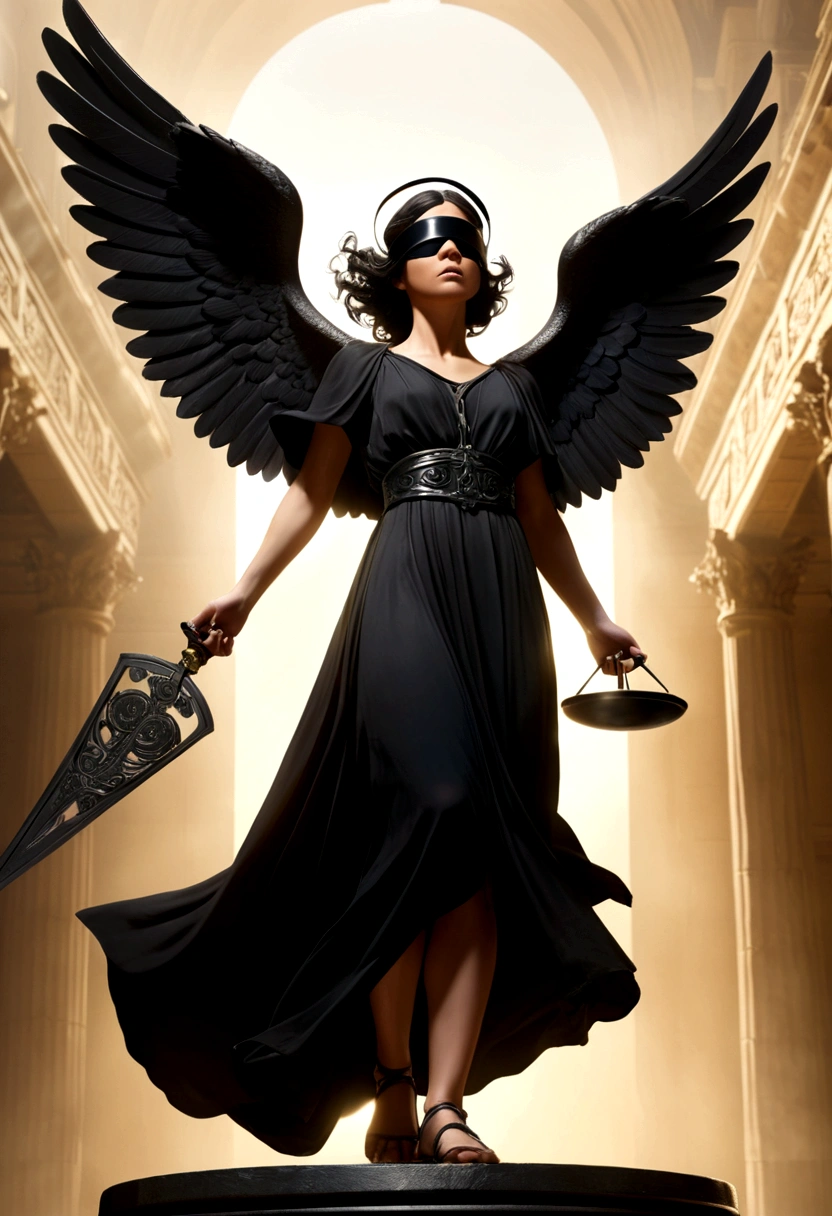 image style levitating suspended in the air: low angle shot: the camera is at ease for a guardian angel film scene This image shows a guardian angel figure with black wings, the “GP” logo, wearing a black blindfold over the eyes, symbolizing blindness or impartiality. On the one hand, she holds an ancient scales of justice and, For another, a sword, reinforcing the iconography of Justice