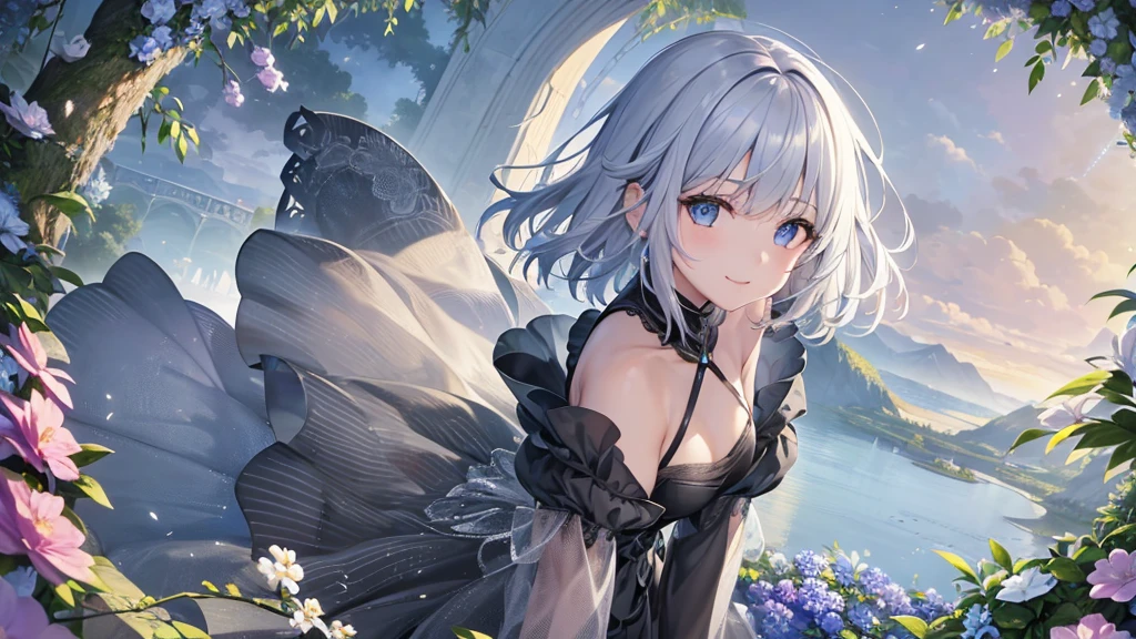 Ultra HD,Look at the viewers, Put your hands behind your back, With a girl, 20-year-old, 非常にShort Hair, Long bangs between the eyes, Pale blue eyes, Very detailed,(masterpiece、Highest quality),Gray Hair、Laughter、Fantastic, Silver Hair, Iris, Short hair、 Fluttering Hair、Small Face、明るいsmile、(Detailed face) ,Professional Lighting,Wonderful landscape,blue sky, sunlight,Looking down from above,Portraiture、Open your mouth、Flower Field、Her eyes were shining、Mysterious and enchanting atmosphere。With AI Painting、とてもShort Hair, Long bangs between the eyes, Very detailed,(masterpiece、Highest quality)、alone、Gray Hair、Fantasy, Silver Hair, Fantasyな風景、White shirt、smile、Open your mouth、short hair、Short Hair、hairpin、black eye、Grey Eyes、Beautiful Eyes、