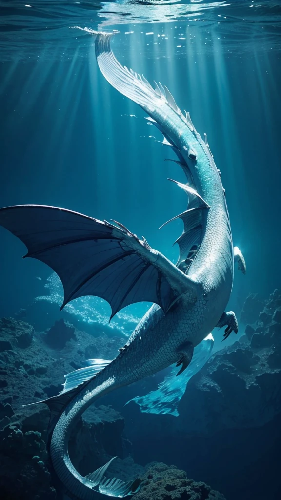 Imagine a regal Sea Dragon, with iridescent scales and elegant fins, gliding through deep ocean currents surrounded by a ghostly ship graveyard, its long body weaving effortlessly through the haunted waters.
