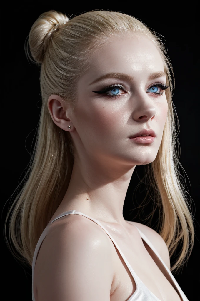 woman pretty, blonde, slicked back bun hair, blonde hair ,light blue eyes ,pale skin , eyeliner ,white skin,foxy eyeliner , makeup ,pale woman painting, beautiful light, elegant, digital painting, smooth, dramatic lighting , 8k, art , black background,black background, black wallpaper