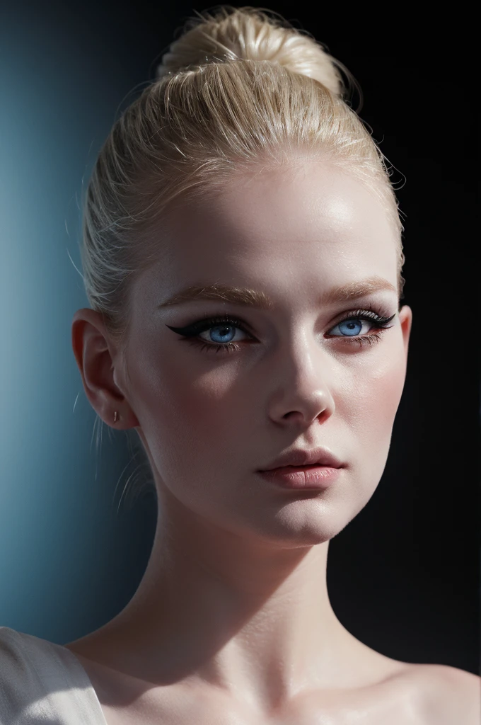 woman pretty, blonde, slicked back bun hair, blonde hair ,light blue eyes ,pale skin , eyeliner ,white skin,foxy eyeliner , makeup ,pale woman painting, beautiful light, elegant, digital painting, smooth, dramatic lighting , 8k, art , black background,black background, black wallpaper