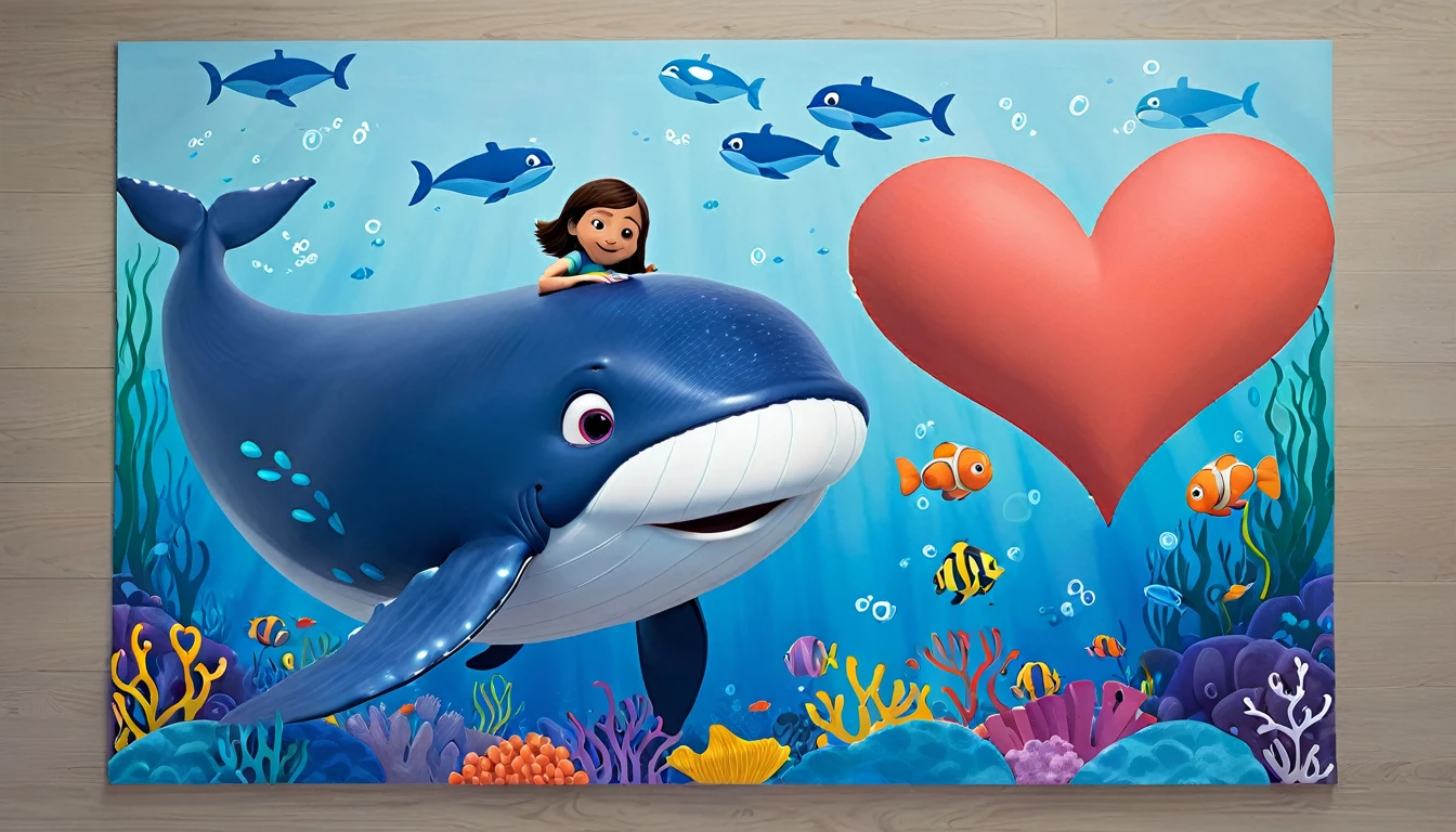 Create a 3-D Pixar style art scene for kids featuring a blue whale with a heart as big as a small car next to it. The scene should be colorful and vibrant, with an ocean background, coral reefs, and schools of fish. The overall mood should be engaging and inviting for young children.