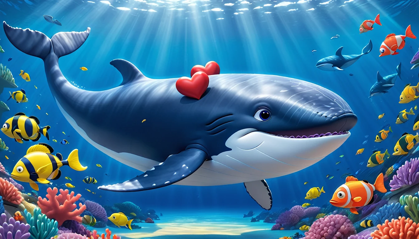 Create a 3-D Pixar style art scene for kids featuring a blue whale with a heart as big as a small car next to it. The scene should be colorful and vibrant, with an ocean background, coral reefs, and schools of fish. The overall mood should be engaging and inviting for young children.