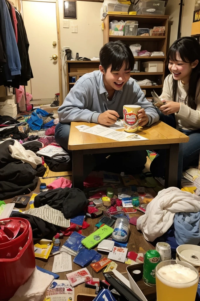 Highest quality、Japanese、20-year-old women、2 people、beer in hand、multiple、Laughter、Messy room、Drunk、Browsing Caution