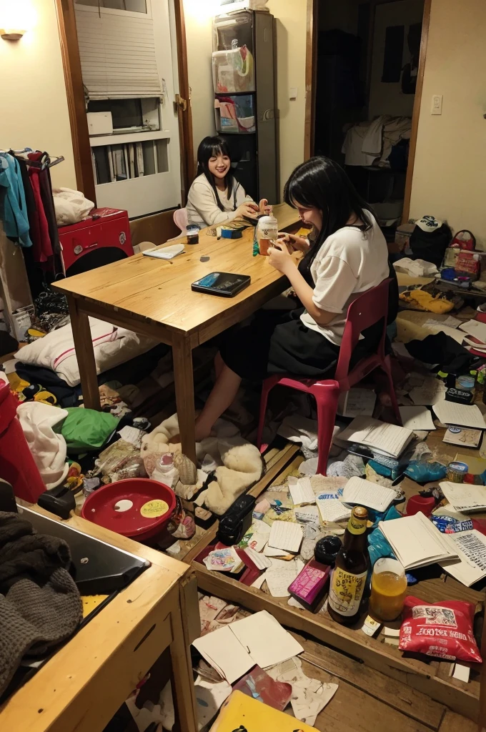 Highest quality、Japanese、20-year-old women、2 people、beer in hand、multiple、Laughter、Messy room、Drunk、Browsing Caution