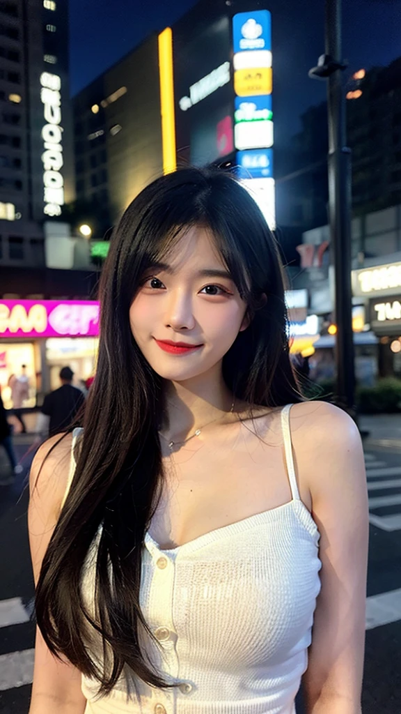 (top-quality,masterpiece:1.3,超A high resolution,),(Ultra-detail,Caustics),(Photorealsitic:1.4,RAW shooting,)Ultra-realistic capture,A highly detailed,High resolution 16K human skin closeup、 Skin texture is natural、、The skin looks healthy with an even tone、 Use natural light and color,1 girl,japanes,22year old,kawaii,Black Hair、longhair,,smil,,(depth of fields、chromatic abberation、、Wide range of lighting、Natural Shading、)At night,In the neon city,Show the whole body,Wearing a white camisole
