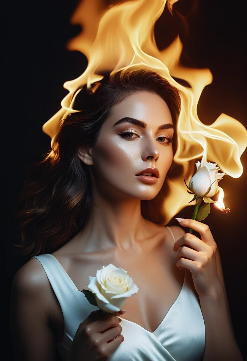 a woman with a white rose on fire, flawless skin, whimsical photography style, photo captured by an Arriflex 35BL camera using Canon K25 prime lenses, cinematic, dramatic lighting, ultra clear, breathtaking surreal masterpiece. sensual pose