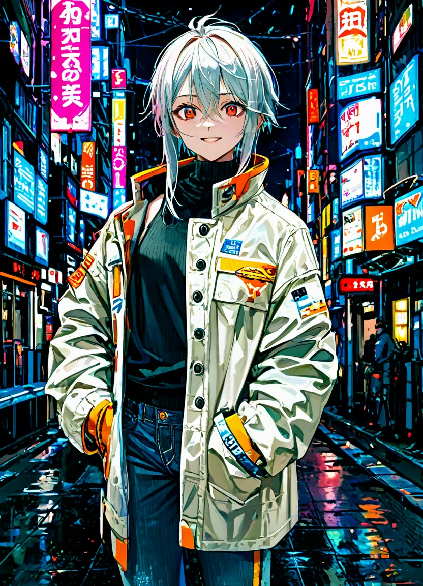 1girl, 15 years old, slim, small breasts, white hair, hairs between eyes, shoulder length hair, pale skin, bright red eye:1.3, white duffle coat and long-sleeve black sweater, open jacket, jeans, gold pocket watches hanging from the neck,
BREAK
kawaii, smile, cowboy shot, pose,
(cyberpunk:1.3), city, neon light, (light particle:1.3),
BREAK
detailed face, smooth skin, cinematic lighting, volumetric shadow,
BREAK
score_9, score_8_up, score_7_up, (masterpiece:1.2), (best quality:1.2), (very aesthetic:1.2), (absurdres:1.2), (detailed background), newest, (intricate:1.2), ai-generated,
BREAK