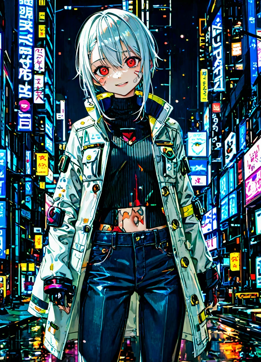 1girl, 15 years old, slim, small breasts, white hair, hairs between eyes, shoulder length hair, pale skin, bright red eye:1.3, white duffle coat and long-sleeve black sweater, open jacket, jeans, gold pocket watches hanging from the neck,
BREAK
kawaii, smile, cowboy shot, pose,
(cyberpunk:1.3), city, neon light, (light particle:1.3),
BREAK
detailed face, smooth skin, cinematic lighting, volumetric shadow,
BREAK
score_9, score_8_up, score_7_up, (masterpiece:1.2), (best quality:1.2), (very aesthetic:1.2), (absurdres:1.2), (detailed background), newest, (intricate:1.2), ai-generated,
BREAK