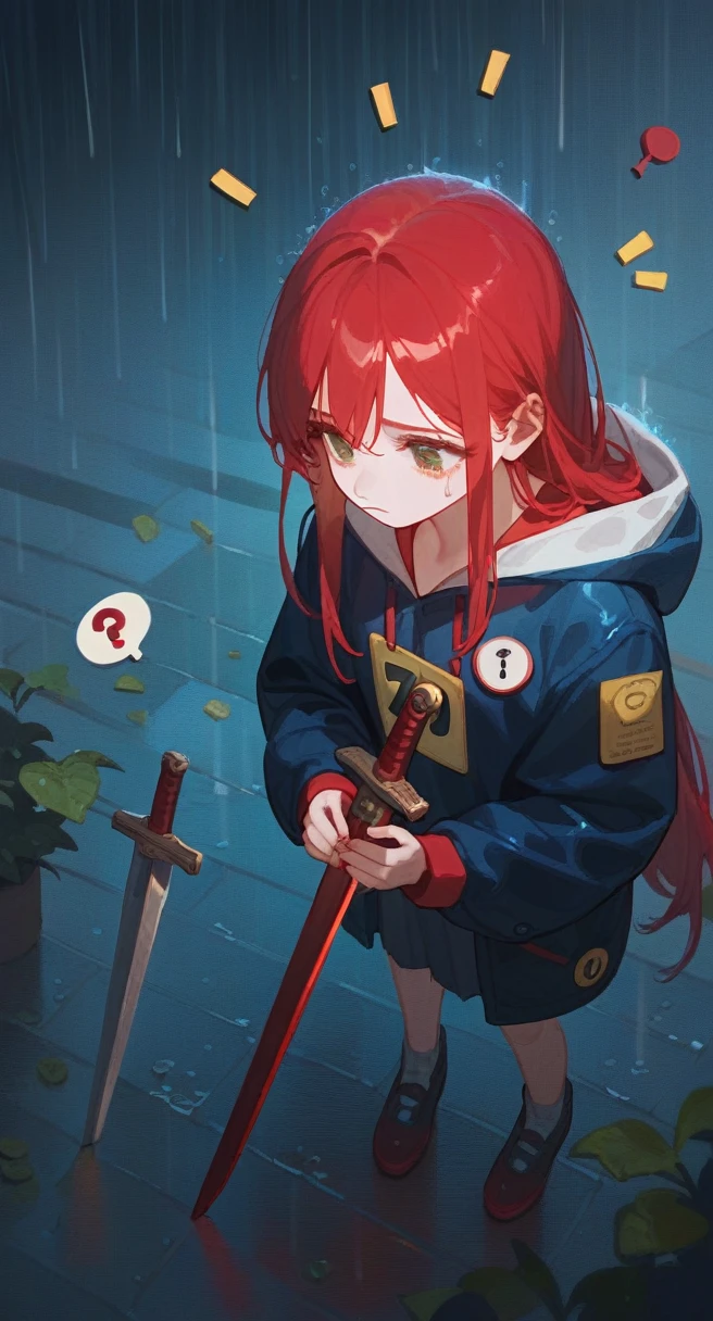 punctuation_9,punctuation_8_High above,punctuation_7_High above,1 a girl, holding a long sword, sad, with rain, red hair,
