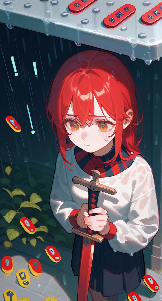 punctuation_9,punctuation_8_High above,punctuation_7_High above,1 a girl, holding a long sword, sad, with rain, red hair,
