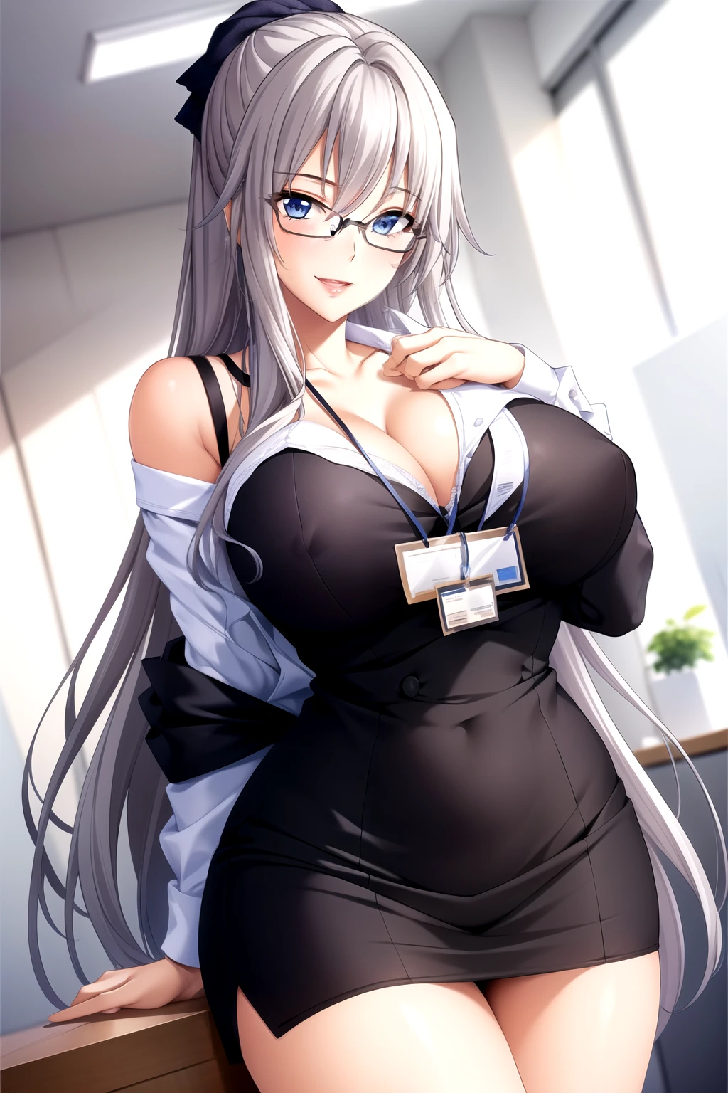 露little bra, 露little underwear,Perfect hands, Clear your fingers, Perfect fingers,full hand slim figure,wear glasses, office lady,office worker,Pencil Skirt,office worker装, (ID card) Lanyard,露little bra, 露little underwear, show cleavage, Office Background, 1 girl,20 years old, Young women,Fair Finger,Fair long legs,Fair Body,Fair Nose,Fair character design, Perfect eyes, perfect Face,Expressive eyes, Looking at the audience,(lead_Body),(Focus on her Face), Official Art,Extremely detailed CG unity 8k wallpaper, Perfect Lighting,rich and Farbeful, bright_front_Face_Light,Light skin, (masterpiece:1.0),(最OK_quality:1.0), Ultra-high resolution,4K,Very detailed, photography, 8K, Human Development Report, high resolution, absurdes:1.2, Kodak Portrait 400, Film Grain, Blurred background, bokeh:1.2, Lens Light Halo, (Energetic_Farbe:1.2) (Fair,Target_Chest:1.3), (Fair_Face:1.5),(narrow_waist),Happy，Smile, Off-shoulder,clavicle,Perfect hands, Clear your fingers, Perfect fingers,full hand,wear glasses, office lady,office worker,Office Background,Pencil Skirt,office worker装, (ID card) Lanyard,露little bra, 露little underwear, show cleavage