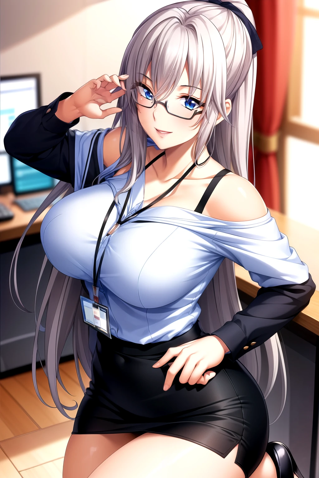 露little bra, 露little underwear,Perfect hands, Clear your fingers, Perfect fingers,full hand slim figure,wear glasses, office lady,office worker,Pencil Skirt,office worker装, (ID card) Lanyard,露little bra, 露little underwear, show cleavage, Office Background, 1 girl,20 years old, Young women,Fair Finger,Fair long legs,Fair Body,Fair Nose,Fair character design, Perfect eyes, perfect Face,Expressive eyes, Looking at the audience,(lead_Body),(Focus on her Face), Official Art,Extremely detailed CG unity 8k wallpaper, Perfect Lighting,rich and Farbeful, bright_front_Face_Light,Light skin, (masterpiece:1.0),(最OK_quality:1.0), Ultra-high resolution,4K,Very detailed, photography, 8K, Human Development Report, high resolution, absurdes:1.2, Kodak Portrait 400, Film Grain, Blurred background, bokeh:1.2, Lens Light Halo, (Energetic_Farbe:1.2) (Fair,Target_Chest:1.3), (Fair_Face:1.5),(narrow_waist),Happy，Smile, Off-shoulder,clavicle,Perfect hands, Clear your fingers, Perfect fingers,full hand,wear glasses, office lady,office worker,Office Background,Pencil Skirt,office worker装, (ID card) Lanyard,露little bra, 露little underwear, show cleavage