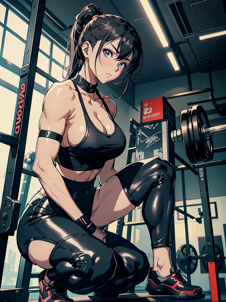A woman wearing a black top and black pants is squatting on gym equipment。, workout, fit girl, Chun-Li at the gym, at the gym, Best Anime 4K Kona-chan Wallpaper, 4k anime wallpaper, Beautiful anime girl squatting, anime style 4k, anime wallpaper 4k, anime wallpaper 4k, highly detailed art germ