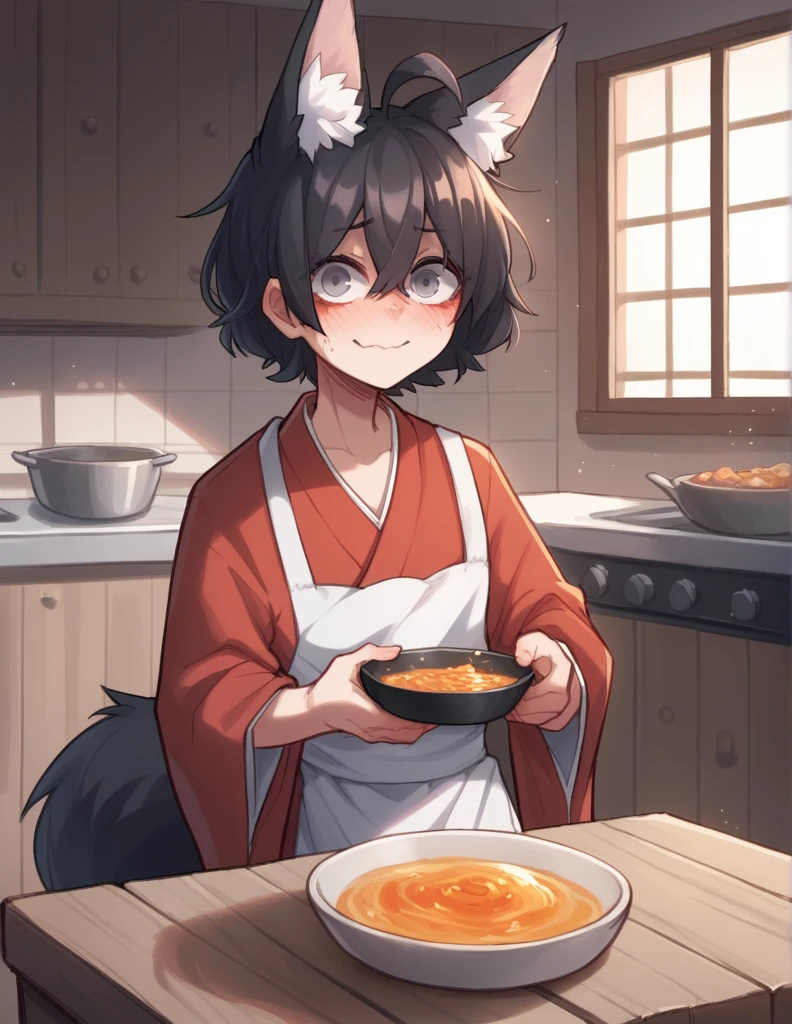 2 girl, alone, ppka, black fur, short hair, messy fur, Ahoge, parts, parts por todo el cuerpo, grey eyes, blind, embarrassed smile, looking at the viewer, embarrassed look, blushing,
kimono, miko komino, white and red kimono, kimono with white and red accessories, mandil marron, Maid Apron, apron tied with red ribbon, wooden sandals, japanese geta, fox ears, Fox tail, black tail, fox ears negras, 
Hand a little rough, cuchsron de soup en la mano, 
kitchen, cooking, soup