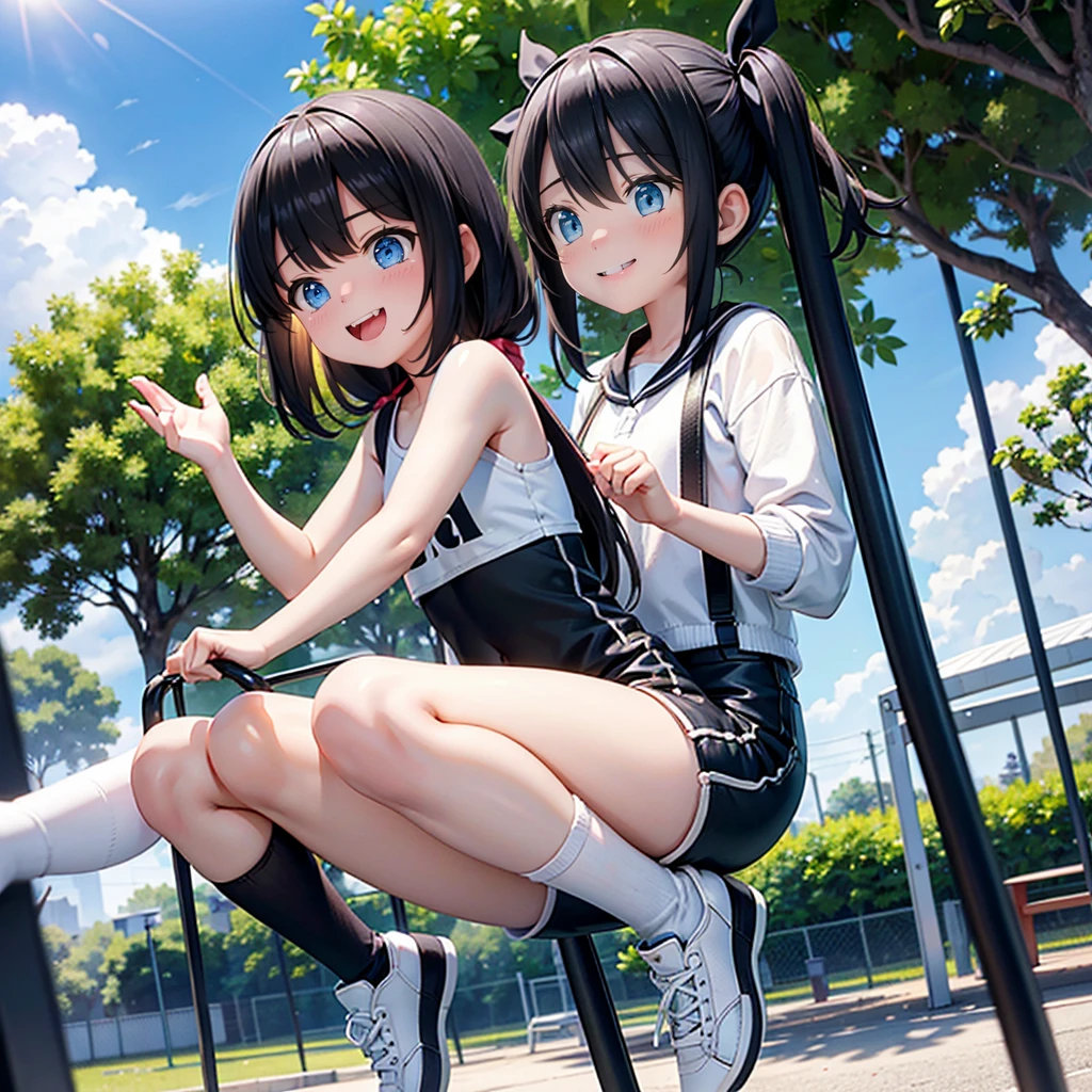 10 and 8 year old girls、blonde, Long Hair, blue eyes, Black Hair Ribbon, white shorts, Black leggings, Happy, Hilarious, Day, outside, White shoes, flat, short, Playing on the jungle gym in the park