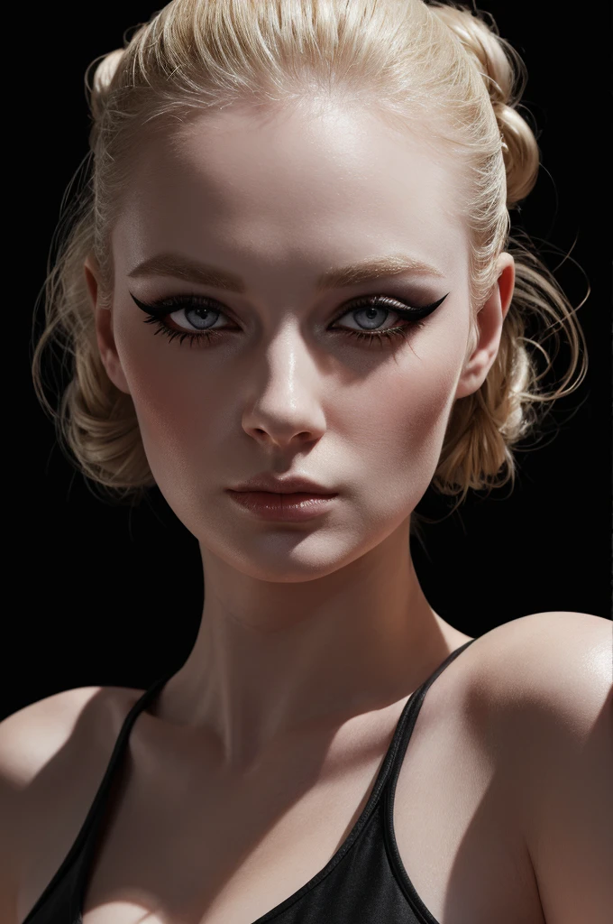 woman pretty, blonde, slicked back bun hair, blonde hair ,pale skin , eyeliner ,white skin,foxy eyeliner , makeup ,pale woman painting, beautiful light, elegant, digital painting, smooth, dramatic lighting , 8k, art , black background,black background, black wallpaper