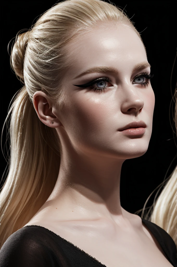 woman pretty, blonde, slicked back bun hair, blonde hair ,pale skin , eyeliner ,white skin,foxy eyeliner , makeup ,pale woman painting, beautiful light, elegant, digital painting, smooth, dramatic lighting , 8k, art , black background,black background, black wallpaper