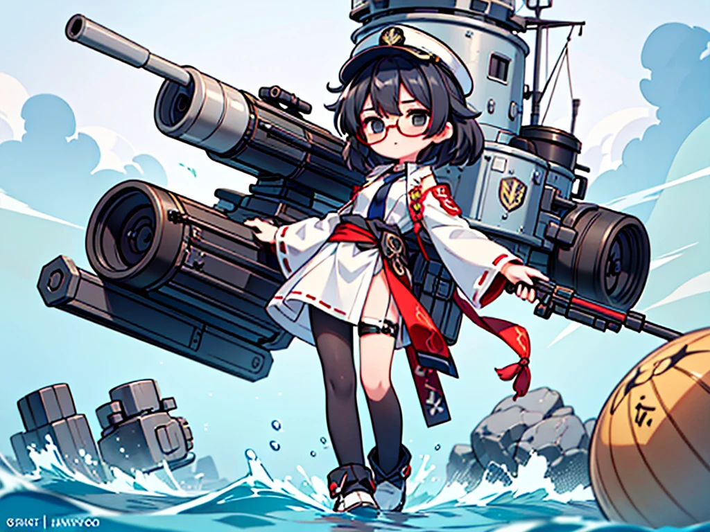 (((masterpiece, Vision))), ((((Full body of a woman with perfect flat chest、1 Female、solo、Short unkempt black hair、Tie your messy hair at the nape of your neck、white military jacket、Miko costume、black tights、Black glasses、White military cap、Cloudy black eyes、Confused eyes、Junyo-inspired emblem)))), (((Shipgirl))), ((Floating on the morning sea with both feet)), (Standing with your legs apart), (Hold the shotgun turret grip with your right hand), (Equipped with a large caliber turret with a mechanical arm extending from the waist), (Equipped with a turret on the back), (His left arm holds the grip of a triple machine gun), Shotgun shell in left arm, Bullet belt on thigh, Spreading the Machine's Wings, 2. Machine Tail, 背景に3Shipgirl,