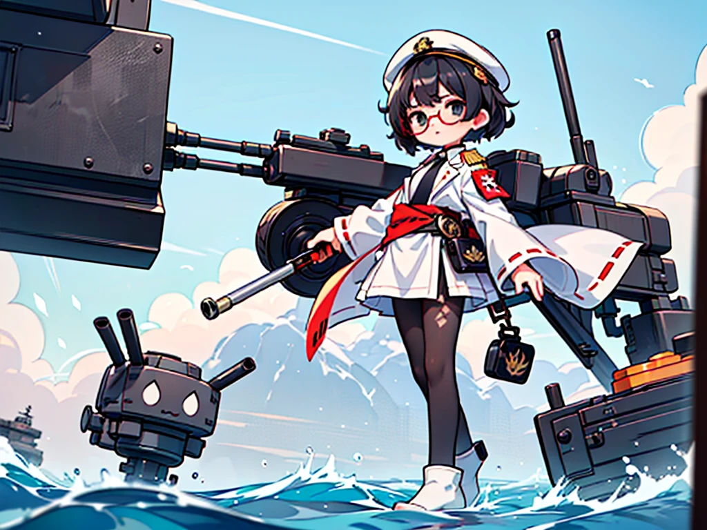(((masterpiece, Vision))), ((((Full body of a woman with perfect flat chest、1 Female、solo、Short unkempt black hair、Tie your messy hair at the nape of your neck、white military jacket、Miko costume、black tights、Black glasses、White military cap、Cloudy black eyes、Confused eyes、Junyo-inspired emblem)))), (((Shipgirl))), ((Floating on the morning sea with both feet)), (Standing with your legs apart), (Hold the shotgun turret grip with your right hand), (Equipped with a large caliber turret with a mechanical arm extending from the waist), (Equipped with a turret on the back), (His left arm holds the grip of a triple machine gun), Shotgun shell in left arm, Bullet belt on thigh, Spreading the Machine&#39;s Wings, 2. Machine Tail, 背景に3Shipgirl, 