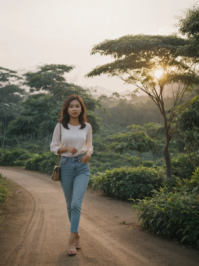 Mina, 1girl, solo, realistic, photorealistic, high quality picture, 8k, high resolution, detailed quality, film grain, natural photo, ultrarealistic, (((25-years-old))), ((detailed wrinkles in her face)), FILIPINA, (Background: Indonesian), (((SLIM))), ((THIN)), (Slender) (Auburn Short hair)), come hither look, fully clothed, Pose: walking, ((strolling along Indonesia)), sunrise, full shot