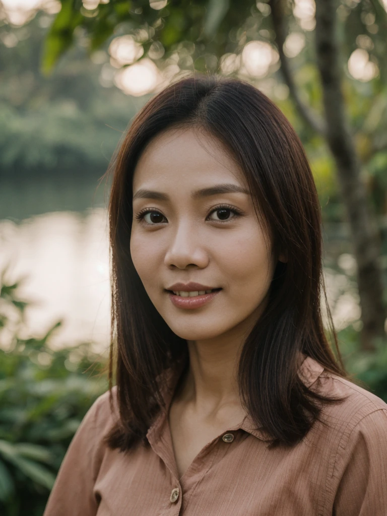 Mina, 1girl, solo, realistic, photorealistic, high quality picture, 8k, high resolution, detailed quality, film grain, natural photo, ultrarealistic, (((25-years-old))), ((detailed wrinkles in her face)), FILIPINA, (Background: Indonesian), (((SLIM))), ((THIN)), (Slender) (Auburn Short hair)), come hither look, fully clothed, Pose: walking, ((strolling along Indonesia)), sunrise, full shot