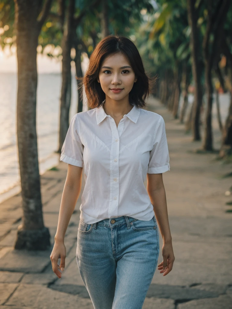 ((perfect photograph)), ((realistic)), ((8k)), (perfect face), gorgeous Asian women wearing a straight long white short sleeve t-shirt and jeans, walking towards camera, outdoors, lots of light, some plants, long wavy hair, smiling, big tree far in the background