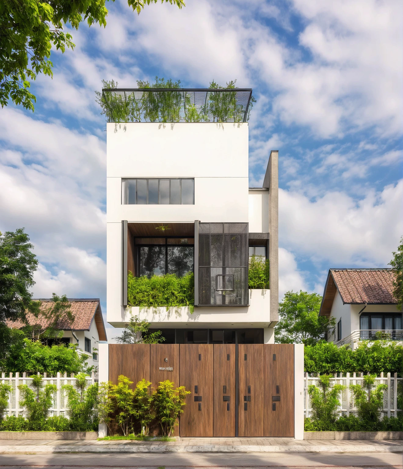 Masterpiece, high quality, best quality, authentic, super detail, outdoors, house style modern,bietthuhn, white wall, glass windows, gate road,pavement, grass, trees,blue sky, cloud, (day:1.1), realistic lighting