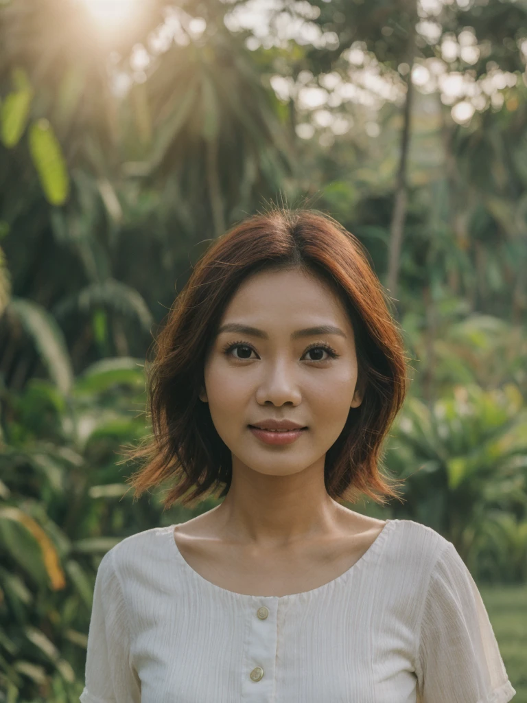 Mina, 1girl, solo, realistic, photorealistic, high quality picture, 8k, high resolution, detailed quality, film grain, natural photo, ultrarealistic, (((25-years-old))), ((detailed wrinkles in her face)), FILIPINA, (Background: Indonesian), (((SLIM))), ((THIN)), (Slender) (Auburn Short hair)), come hither look, fully clothed, Pose: walking, ((strolling along Indonesia)), sunrise, full shot