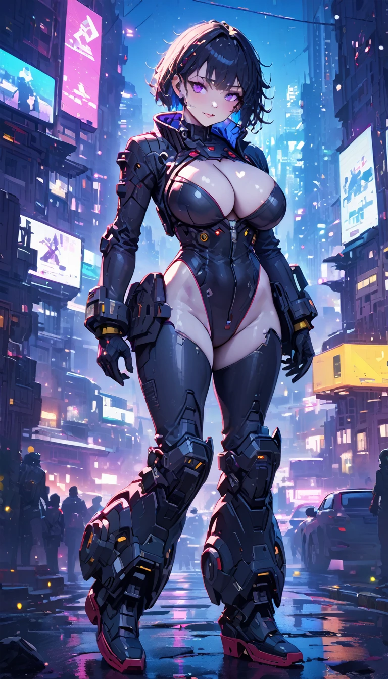 best quality,4k,8k, highres, masterpiece:1.2), extremely detailed eyes, extremely detailed body, (large masterpiece digital art), (detailed manga illustration), (detailed line art), ((perfect anatomy)), (intricate details:1.3), (ultra-detailed:1.3), (illustration:1.3), (sharp focus:1.3), (natural lighting:1.05), (vivid colors:1.3), (masterpiece), (best quality:1.4), (perfect anatomy:1.4), high quality, expressive eyes, full body, tall girl, detailed face, beautiful face, perfect face, breasts, cleavage, gloves, huge breasts, cyberpunk, (black armor), short hair, ((pale skin)), messy hair, detailed (black hair), detailed eyes, (violet eyes), hourglass physique, bodysuit, thick thighs, toned, emblem, superhero, dynamic lighting, 4k resolution, dynamic pose, weapon, energy weapon portrait, Jeff Bridges, ((cartoon style)), Marvel Cinematic Universe style, (((cyberpunk city in the background))), soft bokeh of futuristic city, Atey Ghailan, Jeremy Mann, Greg Manchess, Antonio Moro, trend in ArtStation, trend in CGSociety, Intricate, High Detail, Sharp focus, dramatic and photorealistic painting art by Midjourney and Greg Rutkowski, bokeh in the background