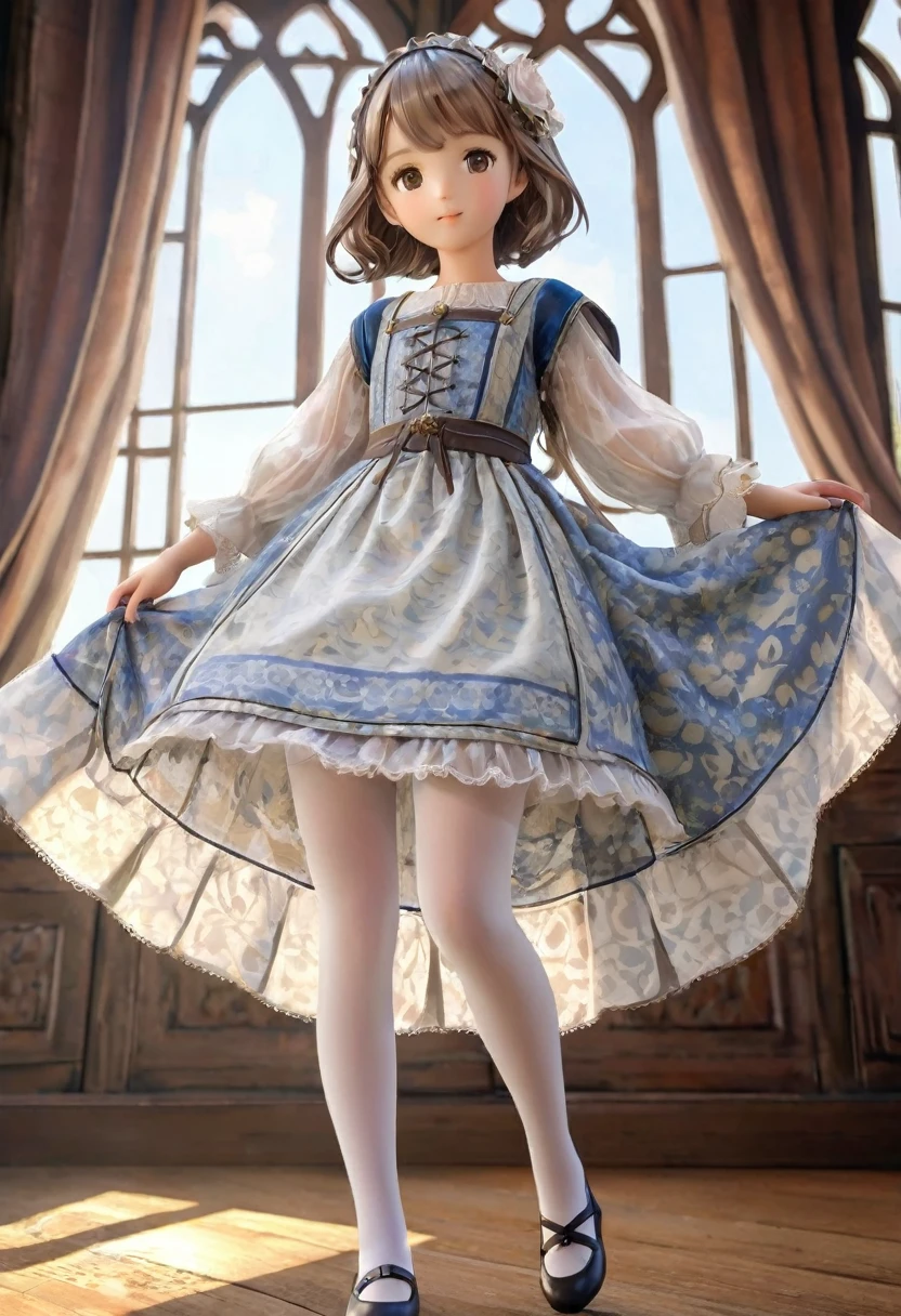  underwear, Realistic panties made from patterned cotton fabric, Medieval one-piece dress with panniers, Fabric Realism, Low - Angle, You can see the drawer, Pull up the dress by hand, Strong winds, Translucent slip, Translucent slip, tights, Highest quality, Crotch close-up, whole body
