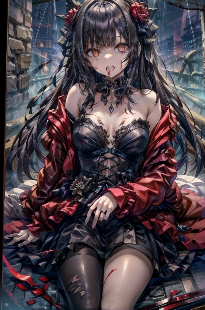 masterpiece,a Satanic woman,Wearing a suit,Stylish suit in black color,Satanic,wing, Stylish seating,  Fascinating views,oil, Pixiv, Gibi ((Intricate details,)) Ultra HD, Sharp details, crazy smile, 狂ったeye, A cute and luxurious hair band,(masterpiece:1.2, Highest quality), (Actual Photos, Intricate details), (1 female, alone, Upper Body, all breasts) ，Scary atmosphere、Distorted facial expressions、Horror Art、Bloodの雨、Bloodを流す、Bloodしぶき、悪魔のeye、redいeye、scar、、火scar、whole body、Torn hair of a woman dressed in slave clothing、（Long Hair）、（eyeにかかる長さの前髪）、Black Hair、（（（eyeの下のクマ）））、青白いskin、Feeling unwell、Pathological、邪悪な笑face、狂ったeye、（Grin）Dramatic makeup，Create mixed media art、White Background(zombie:1.2),Horror 1 Girl, Open_mouth, , red_eye, Blood, Tilt_red_skin, Injury, Blood_in addition_face, Bandaged_arm, Blood_in addition_zombie, Blood_in addition_hand　, Open your eyelids wide, The trend is all, mouthを大きくOpen, mouthを開けてteethをむき出しにする,獣のような鋭いteeth, Wide lips, 非常に広いmouth, Vermilion cheeks, blonde, Princess Cut, Ribbon hair ornament, brooch, Shiny candy blue dress, Gold embroidery,Lolita Style, Gothic style, Otaku Room, Well-built body, Nice body, Ample breasts, Thick body,eyeを大きく開いて、Scary atmosphere、Distorted facial expressions、ねじれた笑face、Bloodまみれの、頭からの出Blood、Bloodしぶき、whole body、Long Hair、Long bangs、Well-built,Nice body,Broad shoulders,I focus,(face),Messy Hair,いeye,(光るeye),(Bloodしぶき:1.6),red信号,笑face,big 笑face,teeth,psycho 笑face,gesugao,Dark city background,darkness,night,(close),良いeye, 良いteeth,サディスティックな笑face,,all,光沢のあるskin,詳細なface,Beautiful body,　whole bodyから湯気が出ている　Steam like a sauna room fills the screen...　mouthからの白い息　Luxurious lace long gloves