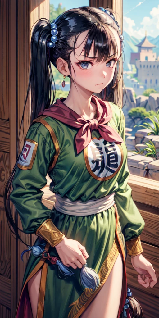 masterpiece, best quality, 4k, 8k, fighter (dq3), 1girl, solo, long hair, twintails, looking at viewer, black hair, hair ornament, long sleeves, dress, medium breasts, closed mouth, cowboy shot, black eyes, chinese clothes, hair bobbles, clenched hand, fighting stance, Ancient Castle, indoor