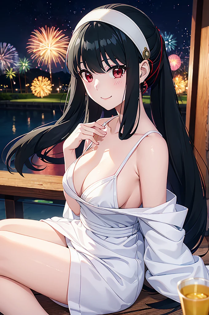 (SFW:1.8、masterpiece, Highest quality),1people々々, 一people々々in, Absurd、現実inは捉えられないディテールと美しさ、hyper Realistic, Realistic,Realistic, Looking at the audience, 美しいbangs:2、魅力的なbangs:2、bangs:2、), Mouth closed, Big Tits Eyes、eyelash、 whole :2、(((Eye highlightsを加える:1.4、Long Hair、She is very 美しい and cute、Show me your ears、Beautiful long neck:1.8、smile、Close your mouth and smile:1.5、bangsと美しい歯)))、Ideal body type、((firework、Night Sky、Night Skyに美しいfirework、))、Beautiful long neck:1.6、Perfect Anatomy、people々Beautiful pads that make you feel happy:2、自然in快適な照明、Keep an eye on your audience、Shadow Fade、Listen carefully、((Black Hair、Red yukata、White hair band、Red eyes))、A starry sky、Rich nature background、fireworkの光、Off the shoulder、Underwear is visible、the chest is slightly visible、Open yukata、The yukata is a little off、Cleavage、White underwear、White Lingerie、Sweat、Night Sky、firework、Eye highlights、Backlight、Lie down、Sweat、Highlights for the eyes、Lying down、一peopleの女の子、Back view、Show your ass