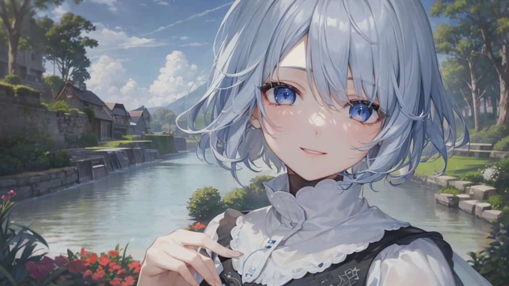 Ultra HD,Look at the viewers, Put your hands behind your back, With a girl, 20-year-old, 非常にShort Hair, Long bangs between the eyes, Pale blue eyes,  Very detailed,(masterpiece、Highest quality),Gray Hair、Laughter、Fantastic, Silver Hair, Iris,  Short hair、 Fluttering Hair、Small Face、明るいsmile、(Detailed face) ,Professional Lighting,Wonderful landscape,blue sky, sunlight,Looking down from above,Portraiture、Open your mouth、Flower Field、Her eyes were shining、Mysterious and enchanting atmosphere。With AI Painting、とてもShort Hair, Long bangs between the eyes, Very detailed,(masterpiece、Highest quality)、alone、Gray Hair、Fantasy, Silver Hair, Fantasyな風景、White shirt、smile、Open your mouth、short hair、Short Hair、hairpin、black eye、Grey Eyes、Beautiful Eyes、