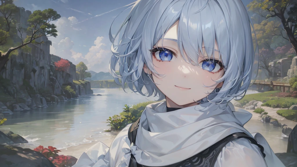 Ultra HD,Look at the viewers, Put your hands behind your back, With a girl, 20-year-old, 非常にShort Hair, Long bangs between the eyes, Pale blue eyes,  Very detailed,(masterpiece、Highest quality),Gray Hair、Laughter、Fantastic, Silver Hair, Iris,  Short hair、 Fluttering Hair、Small Face、明るいsmile、(Detailed face) ,Professional Lighting,Wonderful landscape,blue sky, sunlight,Looking down from above,Portraiture、Open your mouth、Flower Field、Her eyes were shining、Mysterious and enchanting atmosphere。With AI Painting、とてもShort Hair, Long bangs between the eyes, Very detailed,(masterpiece、Highest quality)、alone、Gray Hair、Fantasy, Silver Hair, Fantasyな風景、White shirt、smile、Open your mouth、short hair、Short Hair、hairpin、black eye、Grey Eyes、Beautiful Eyes、