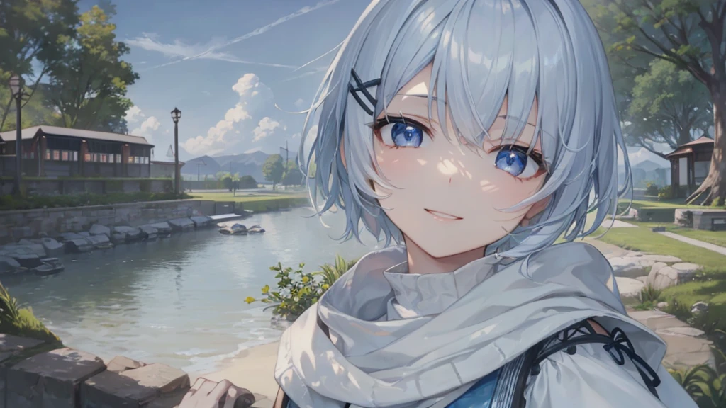 Ultra HD,Look at the viewers, Put your hands behind your back, With a girl, 20-year-old, 非常にShort Hair, Long bangs between the eyes, Pale blue eyes, Very detailed,(masterpiece、Highest quality),Gray Hair、Laughter、Fantastic, Silver Hair, Iris, Short hair、 Fluttering Hair、Small Face、明るいsmile、(Detailed face) ,Professional Lighting,Wonderful landscape,blue sky, sunlight,Looking down from above,Portraiture、Open your mouth、Flower Field、Her eyes were shining、Mysterious and enchanting atmosphere。With AI Painting、とてもShort Hair, Long bangs between the eyes, Very detailed,(masterpiece、Highest quality)、alone、Gray Hair、Fantasy, Silver Hair, Fantasyな風景、White shirt、smile、Open your mouth、short hair、Short Hair、hairpin、black eye、Grey Eyes、Beautiful Eyes、